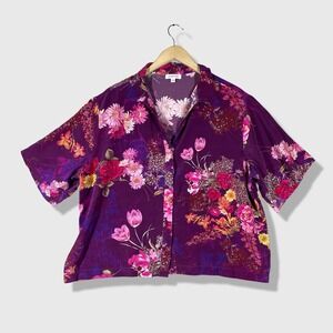 Johnny Was Silk Floral Blouse Womens L Purple Boho Cottagecore Chic Vacation